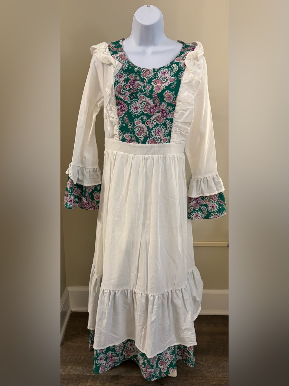 White Maxi Dress with Green Paisley Bodice